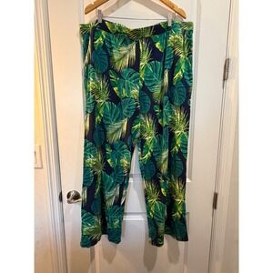 D&Co. Beach Women 2X Tropical Palm Leaf Print Wide Leg Pants Navy Green Knit